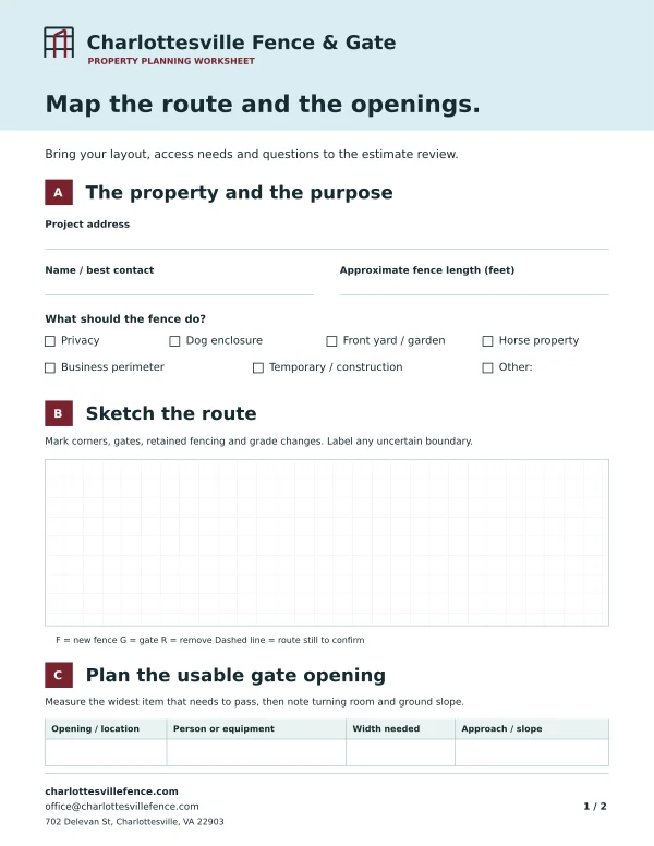 First page of the two-page fence planning worksheet, with route sketch, project details and gate-opening fields