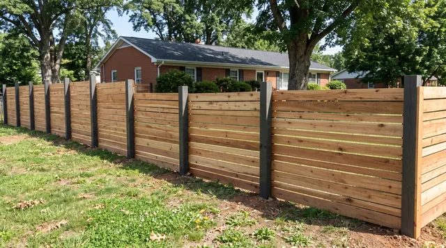 A modern horizontal cedar-board fence with evenly spaced horizontal boards fixed across regularly spaced dark square posts in a leafy Fishersville area setting