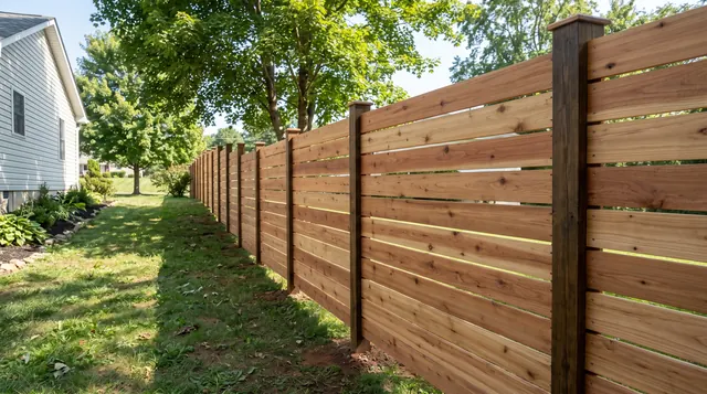 A modern horizontal cedar-board fence with evenly spaced horizontal boards fixed across regularly spaced dark square posts in a leafy Ruckersville area setting