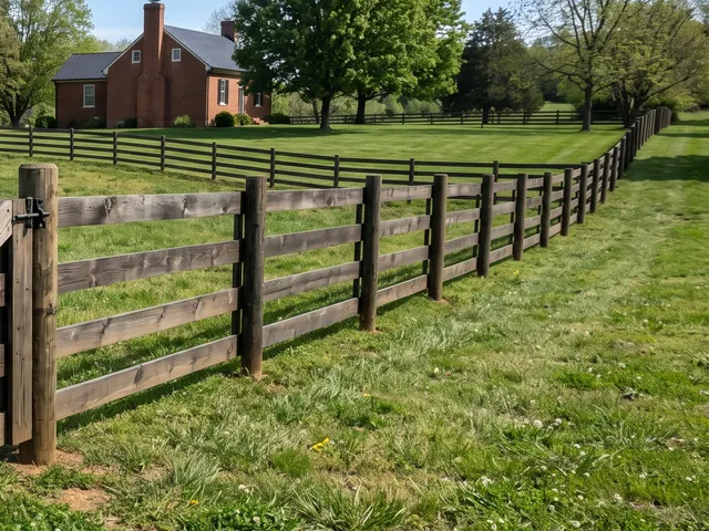 Detail view of A long four-board wood horse paddock fence following a gently rolling grass field, smooth horizontal boards on the paddock side, stout posts and a closed matching farm gate; no horses in frame in a leafy Charlottesville area setting