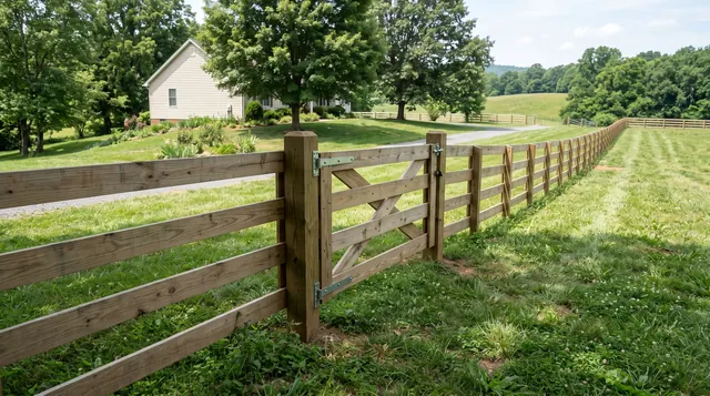 A long four-board wood horse paddock fence following a gently rolling grass field, smooth horizontal boards on the paddock side, stout posts and a closed matching farm gate; no horses in frame in a leafy Keswick area setting
