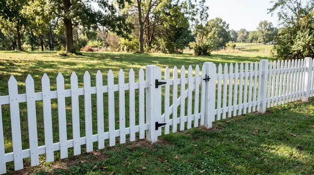 A low white wooden picket fence with evenly spaced pointed pickets, two supporting rails and a small closed walk gate in a leafy Madison area setting