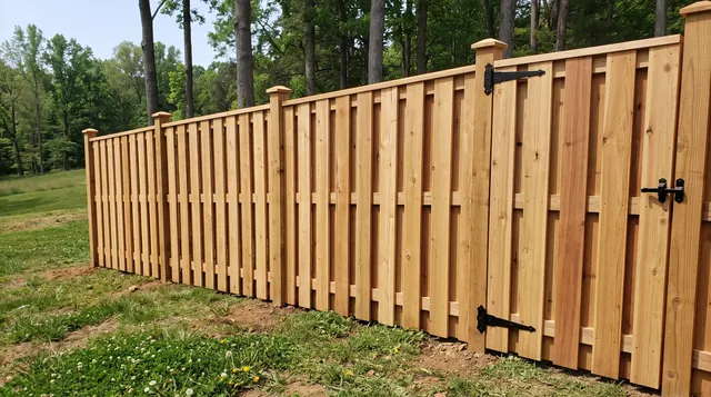 A cedar board-on-board privacy fence with overlapping vertical boards, capped square posts and a matching closed gate in a leafy Lake Monticello area setting