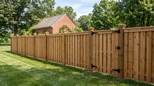A cedar board-on-board privacy fence with overlapping vertical boards, capped square posts and a matching closed gate in a leafy Louisa area setting