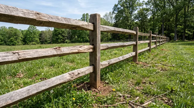 A rustic three-rail split-rail wood fence along a grassy property edge, with heavy split timber rails fitted into mortised posts in a leafy Charlottesville area setting
