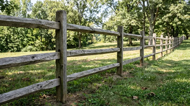A rustic three-rail split-rail wood fence along a grassy property edge, with heavy split timber rails fitted into mortised posts in a leafy Waynesboro area setting