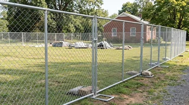 A connected line of freestanding galvanized temporary chain-link fence panels enclosing an inactive small construction staging area, with sturdy weighted support feet outside the pedestrian route and panel clamps; no people in a leafy Charlottesville area setting
