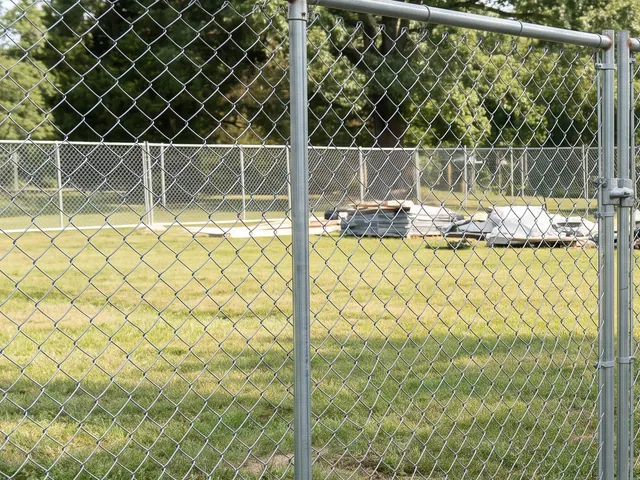 Detail view of A connected line of freestanding galvanized temporary chain-link fence panels enclosing an inactive small construction staging area, with sturdy weighted support feet outside the pedestrian route and panel clamps; no people in a leafy Charlottesville area setting