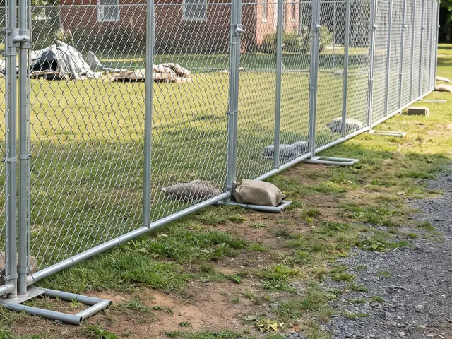 Detail view of A connected line of freestanding galvanized temporary chain-link fence panels enclosing an inactive small construction staging area, with sturdy weighted support feet outside the pedestrian route and panel clamps; no people in a leafy Charlottesville area setting