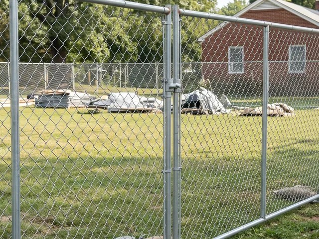 Detail view of A connected line of freestanding galvanized temporary chain-link fence panels enclosing an inactive small construction staging area, with sturdy weighted support feet outside the pedestrian route and panel clamps; no people in a leafy Charlottesville area setting