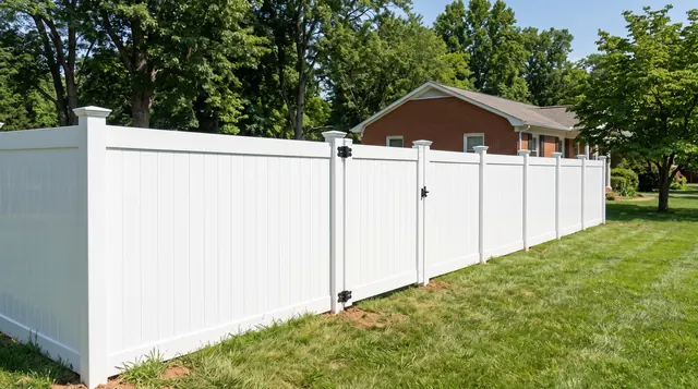 A clean white vinyl privacy fence with solid tongue-and-groove panels, capped square posts, bottom rails and a matching closed white walk gate in a leafy Hollymead area setting