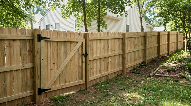 A tall natural wood dog-ear privacy fence with vertical boards, two horizontal rails, square support posts and a matching closed walk gate in a leafy Pantops area setting